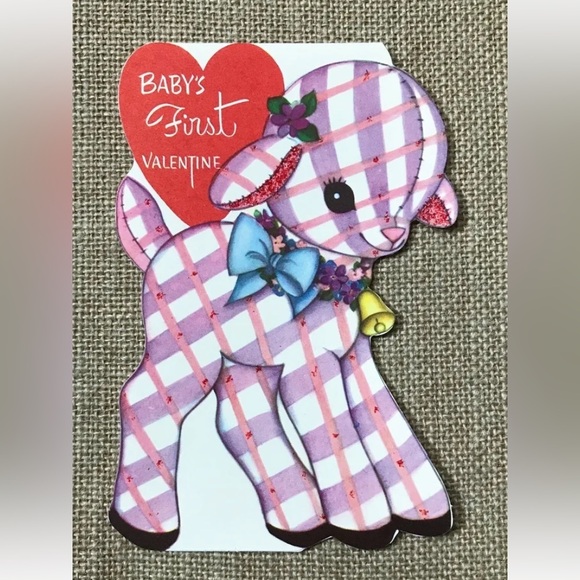 Vintage Other - Vintage Purple White Plaid Lamb Used Valentines Day Card Whimsical Kitsch Cute